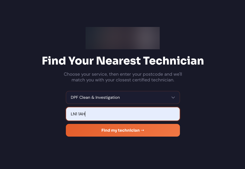 Self-serve booking page where a customer picks a service and enters a postcode to find their nearest certified technician