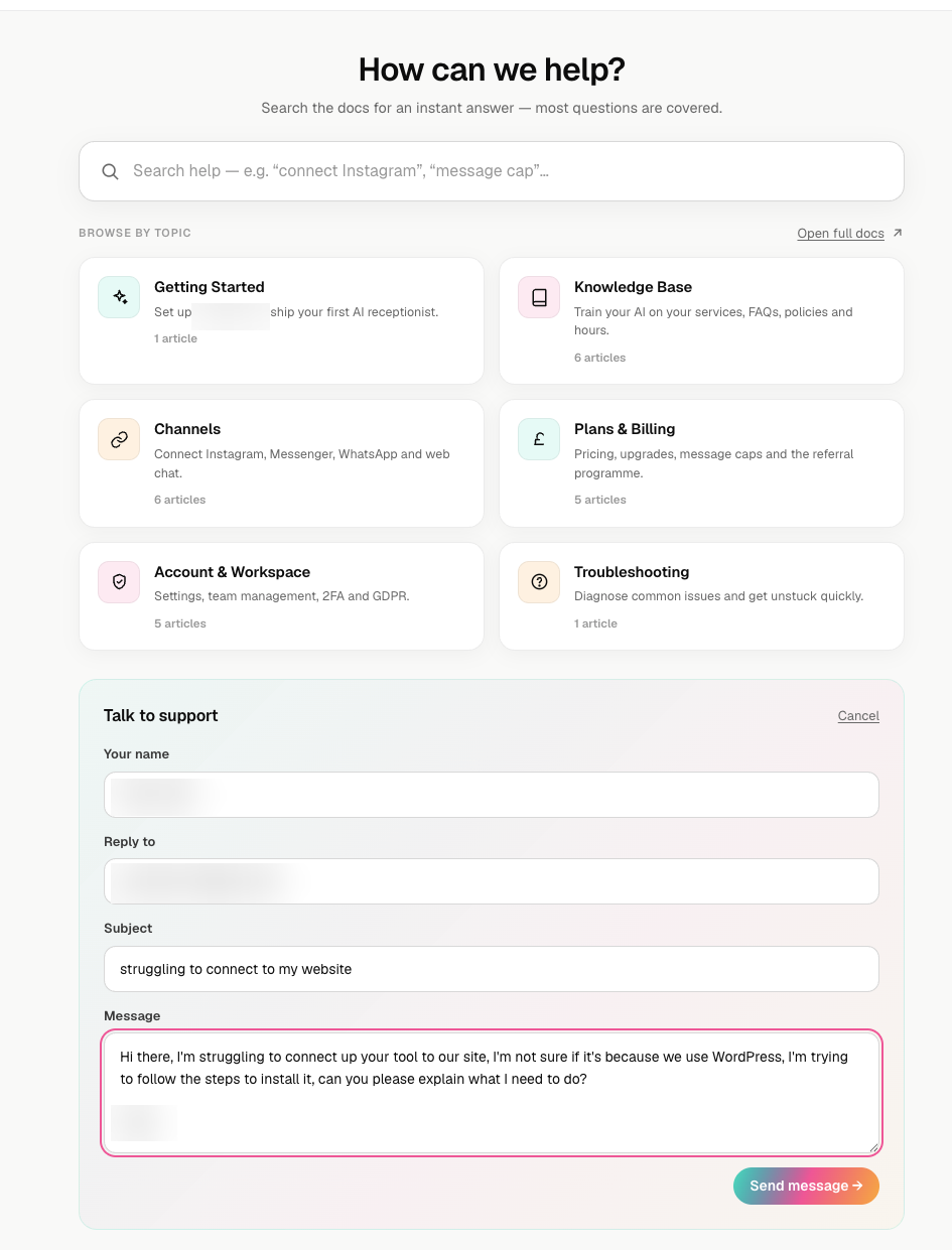 A customer raising a support ticket on the company's help centre, with the knowledge-base docs above the form